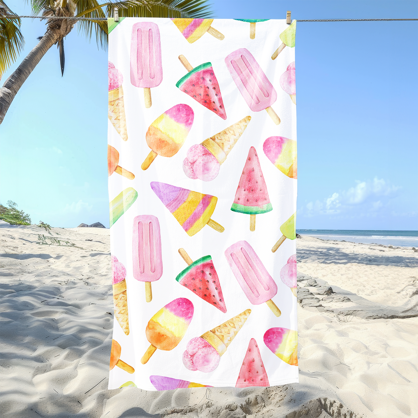 Watercolour Ice Creams Printed Beach Towel