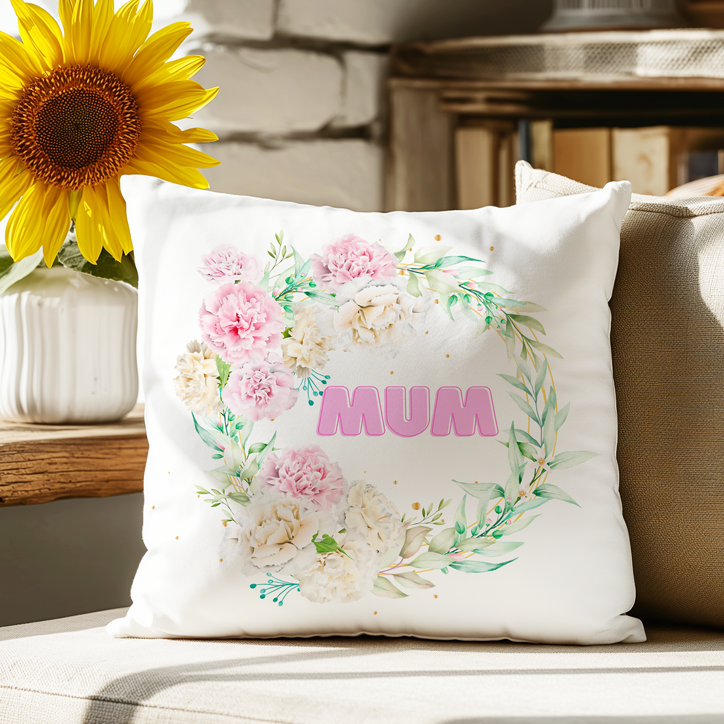 Mum Floral Poly Linen Cushion