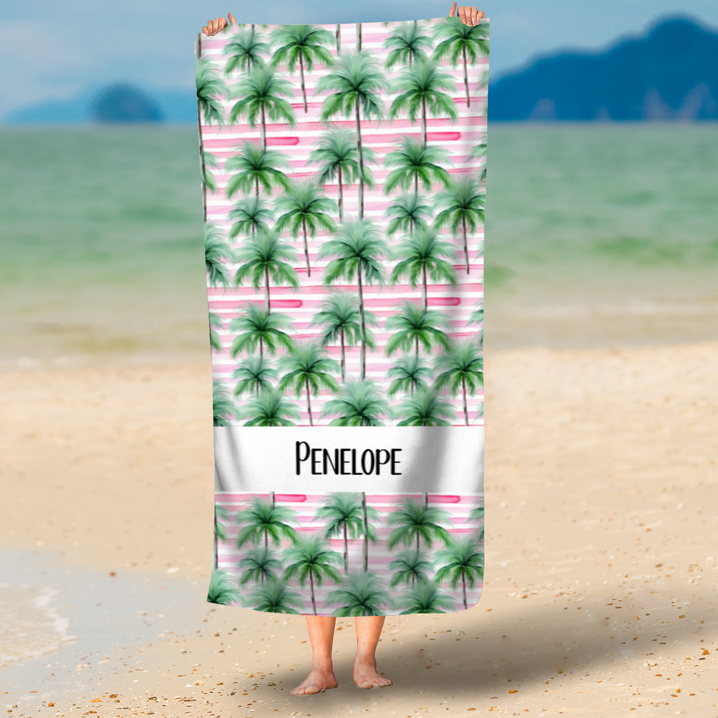 Pink Stripe Palms Personalised Beach Towel