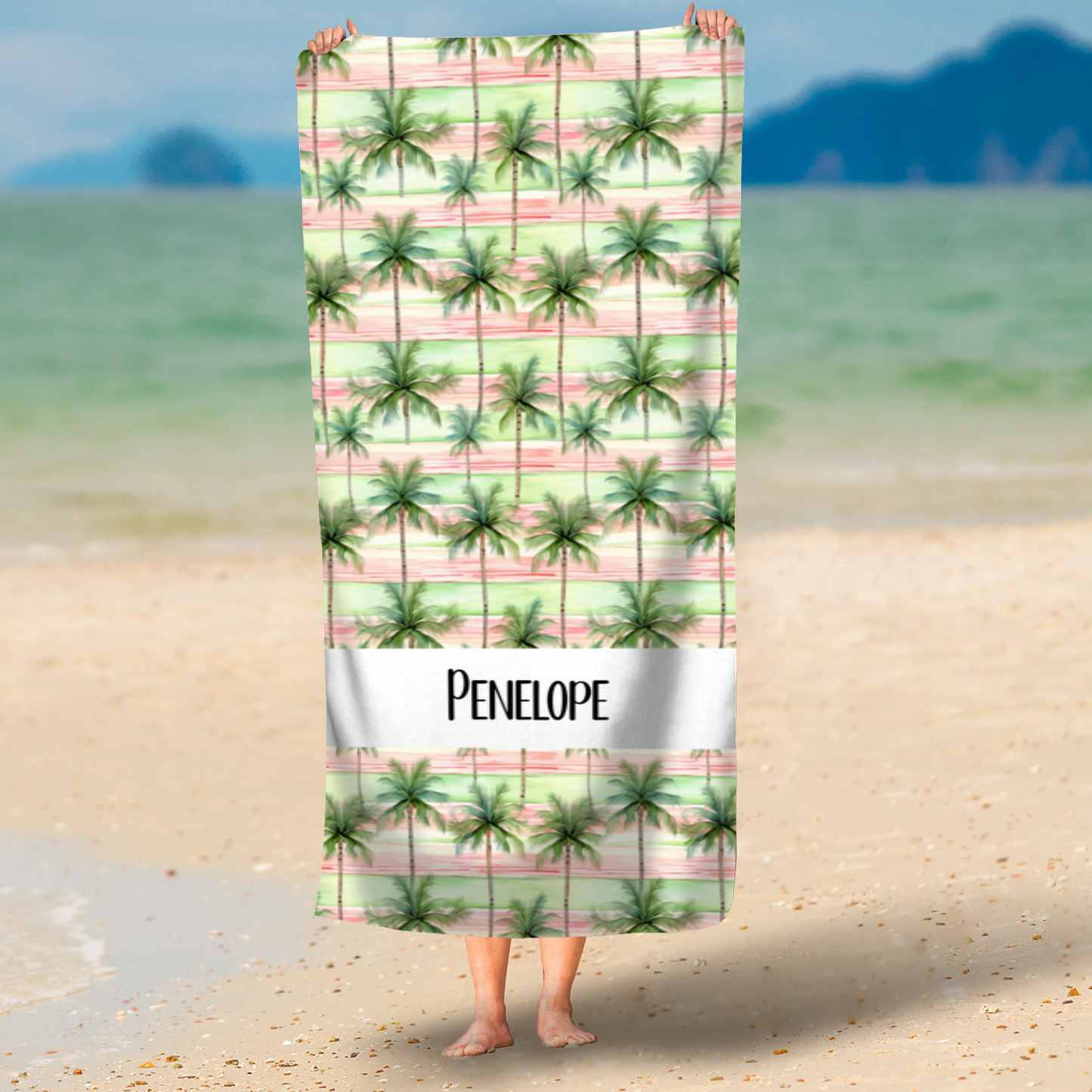 Pink & Green Stripe Palms Personalised Beach Towel