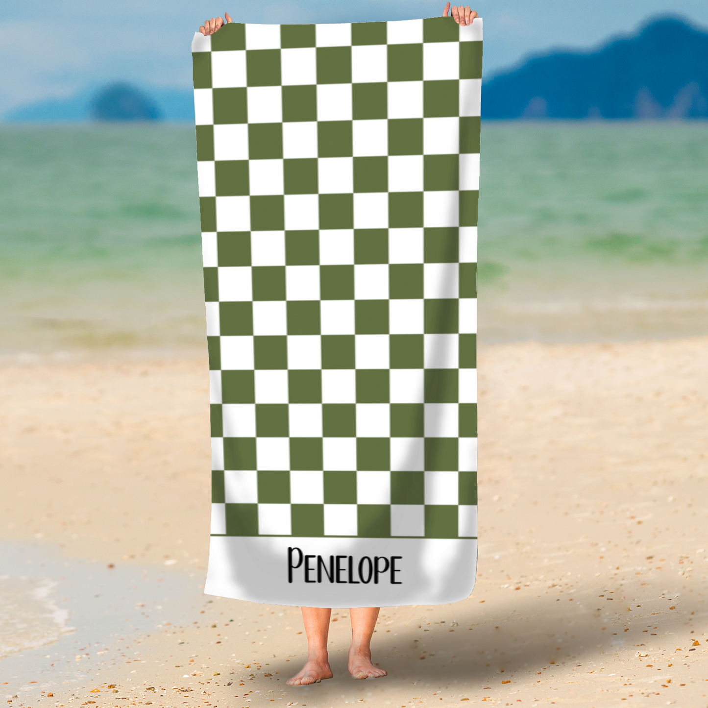 Olive Checkerboard Personalised Beach Towel