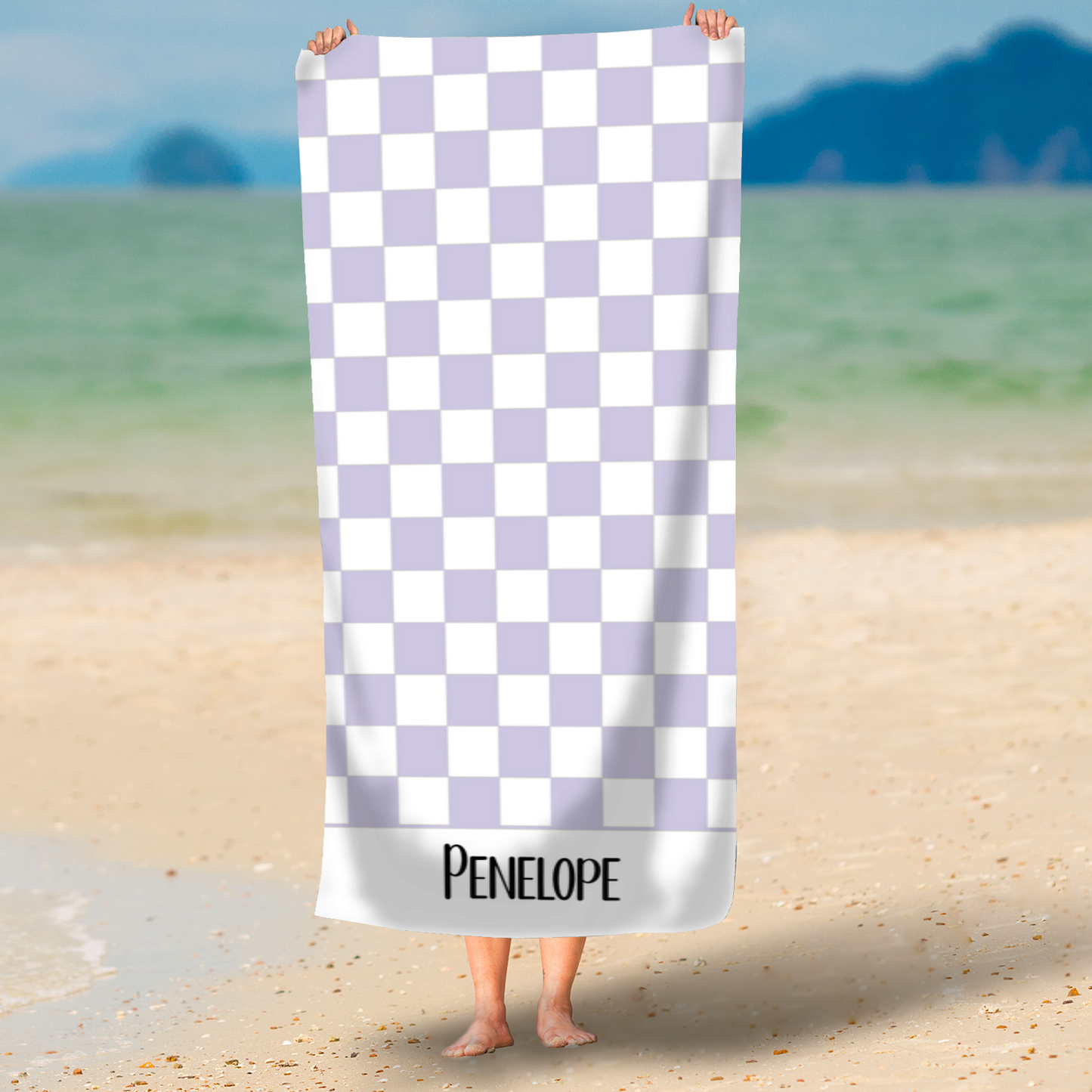 Lilac Checkerboard Personalised Beach Towel