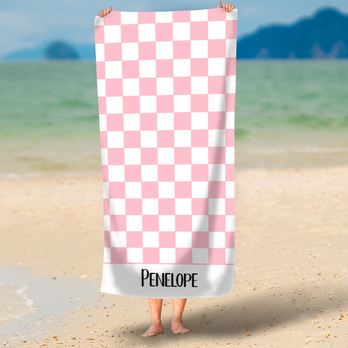 Pink Checkerboard Personalised Beach Towel