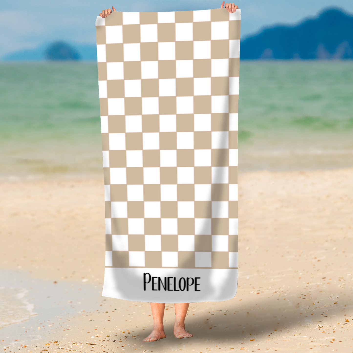 Taupe Checkerboard Personalised Beach Towel