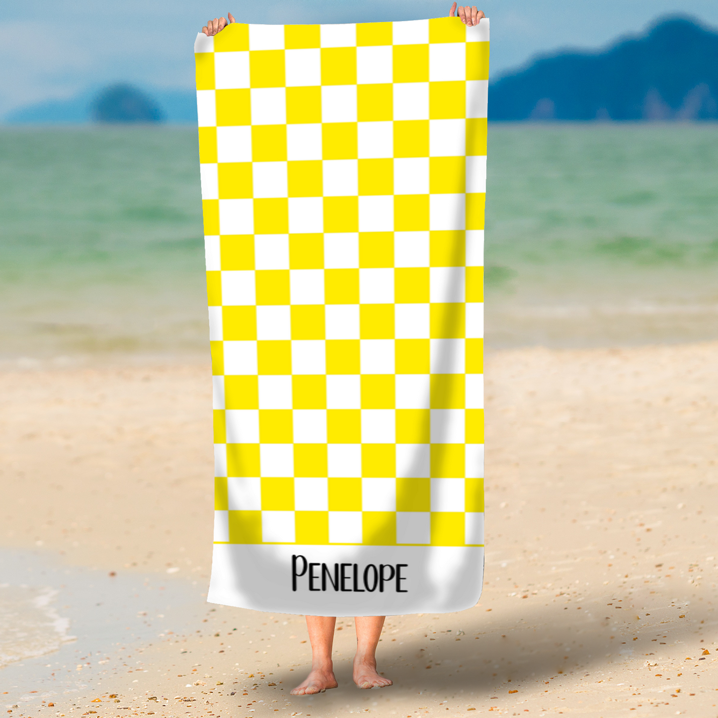 Yellow Checkerboard Personalised Beach Towel