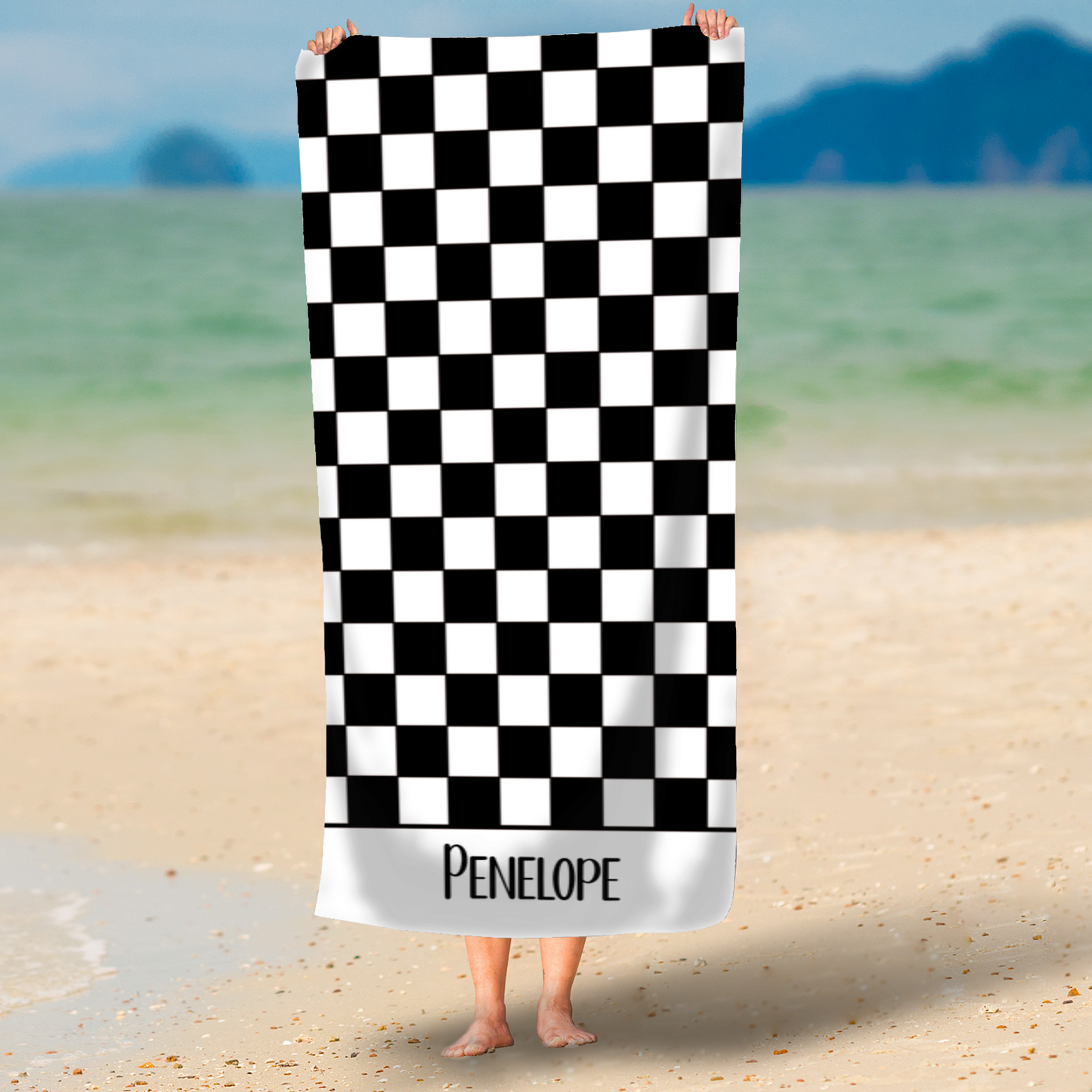 Black Checkerboard Personalised Beach Towel