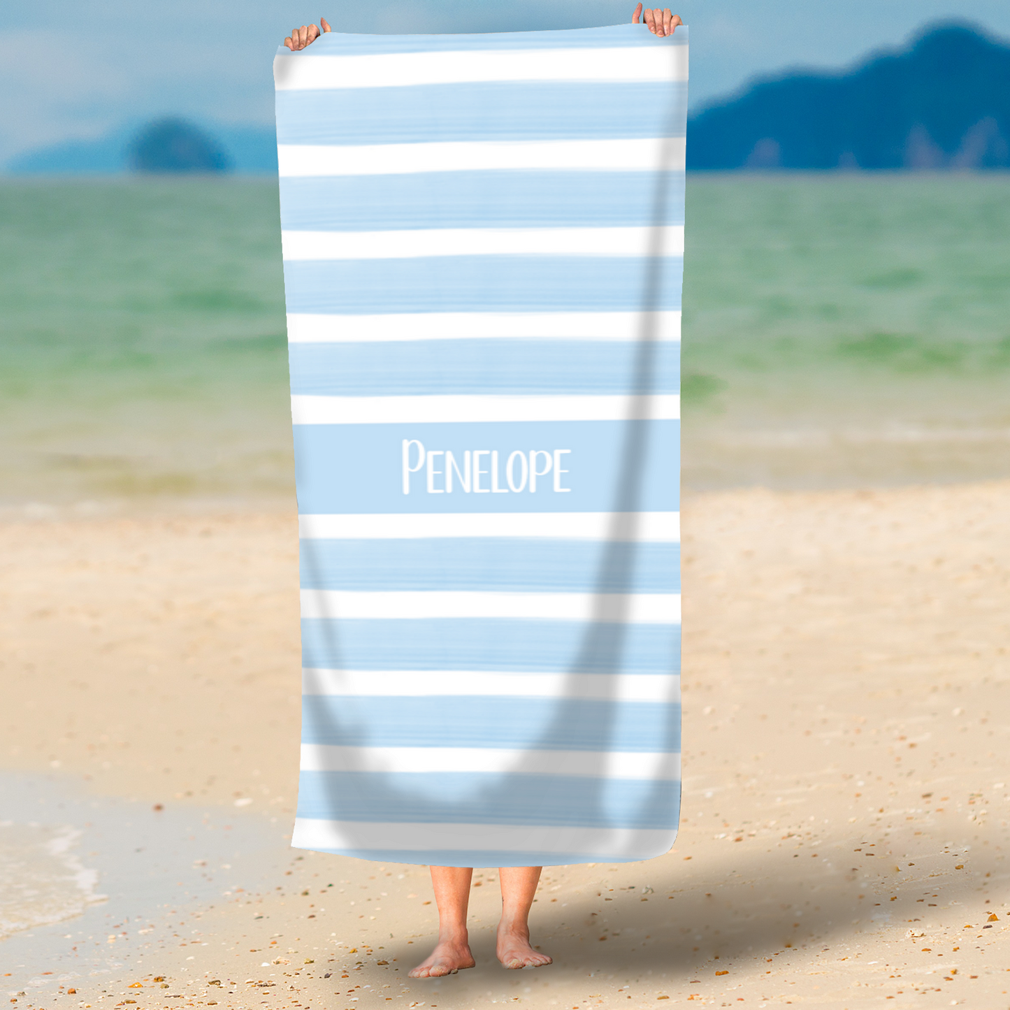 Pale Blue Watercolour Block Stripe Personalised Beach Towel