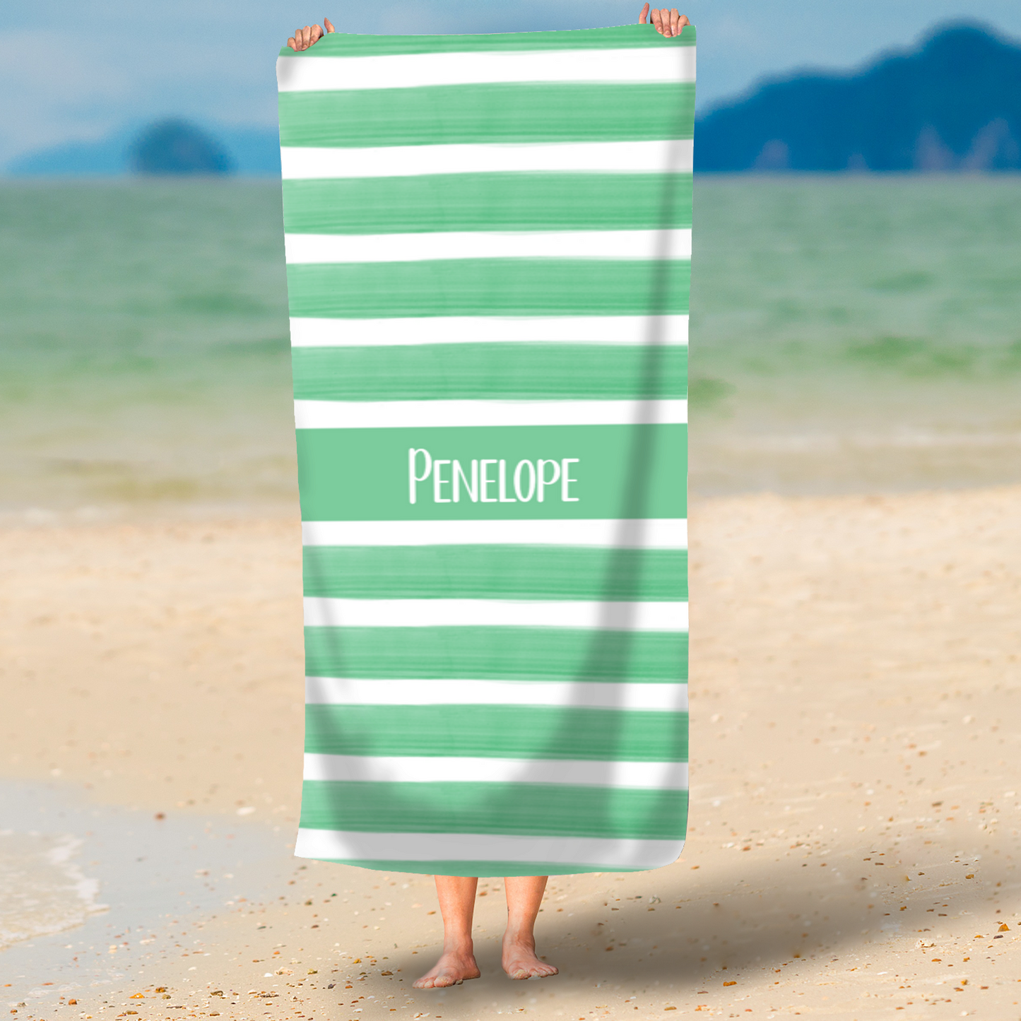 Green Watercolour Block Stripe Personalised Beach Towel