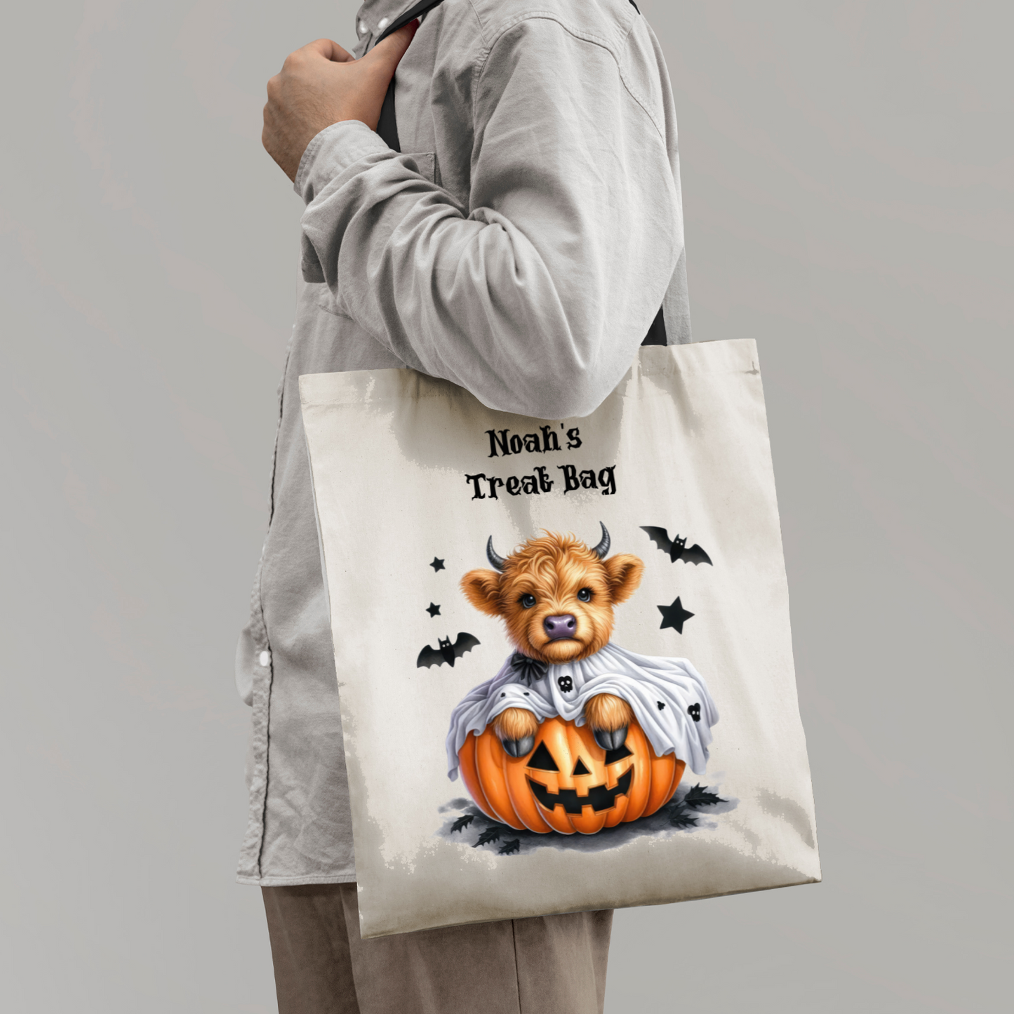 Personalised Baby Highland Cow And Pumpkin Halloween Treat Bag