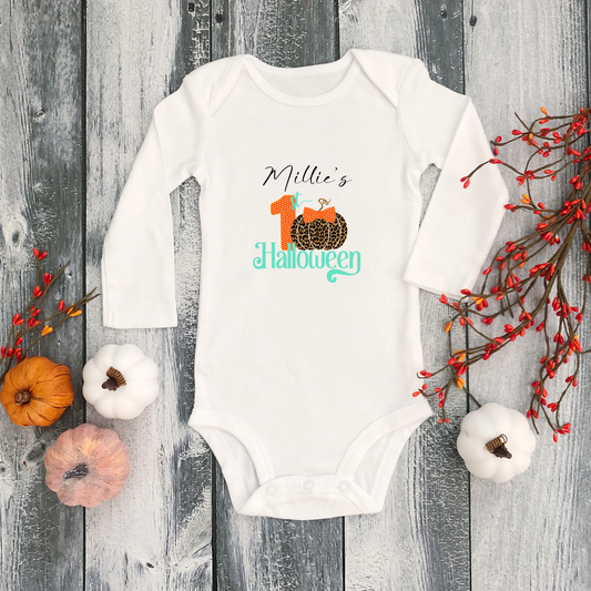 Personalised Baby 1st Halloween Pumpkin Design Long Sleeve Bodysuit