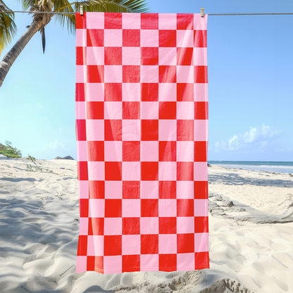 Pink and Red Check Printed Beach Towel