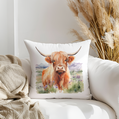 Highland Cow Printed Faux Suede Cushion