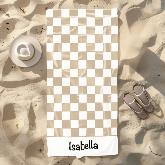 Taupe Checkerboard Personalised Beach Towel