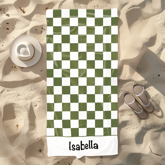 Olive Checkerboard Personalised Beach Towel