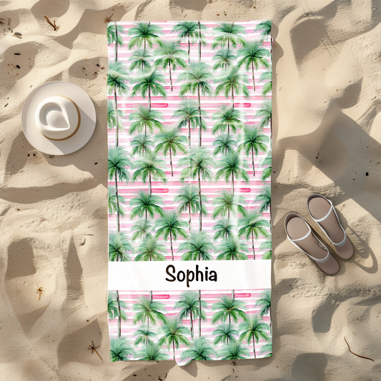 Pink Stripe Palms Personalised Beach Towel