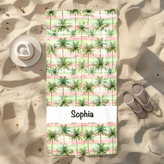 Pink & Green Stripe Palms Personalised Beach Towel