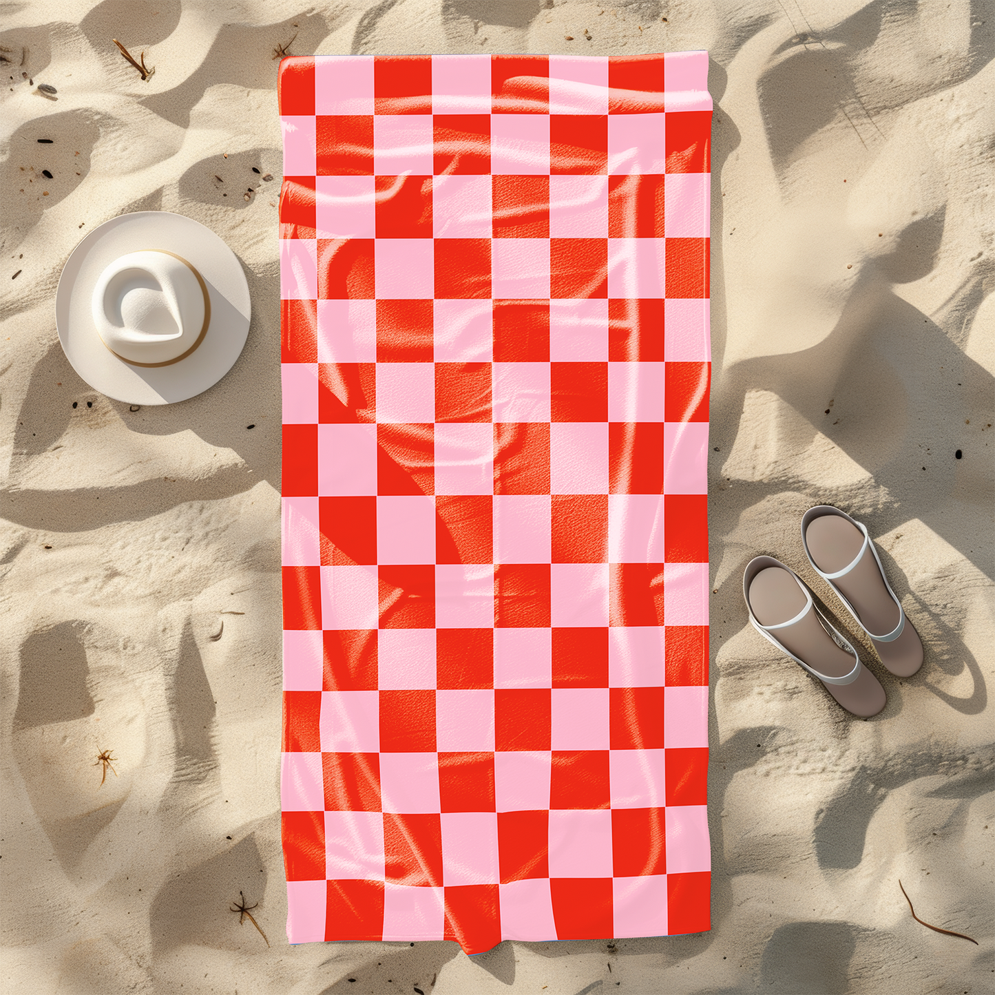 Pink and Red Check Printed Beach Towel