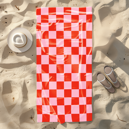 Pink and Red Check Printed Beach Towel