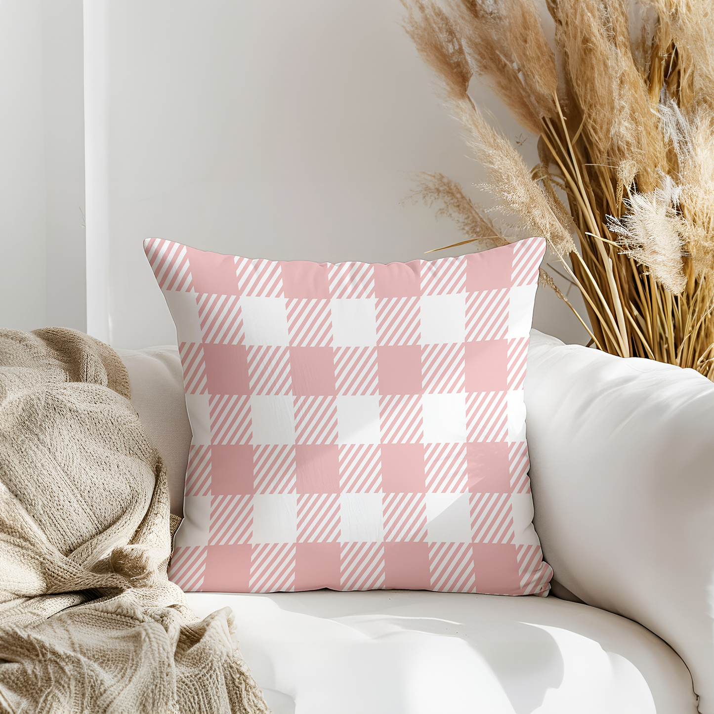 Pink and White Check Printed Faux Suede Cushion