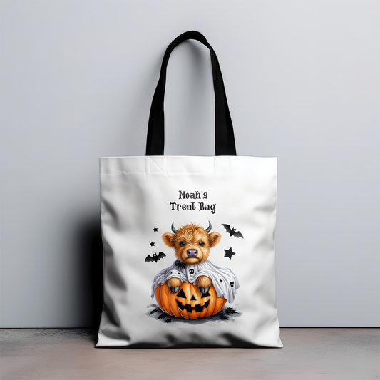 Personalised Baby Highland Cow And Pumpkin Halloween Treat Bag