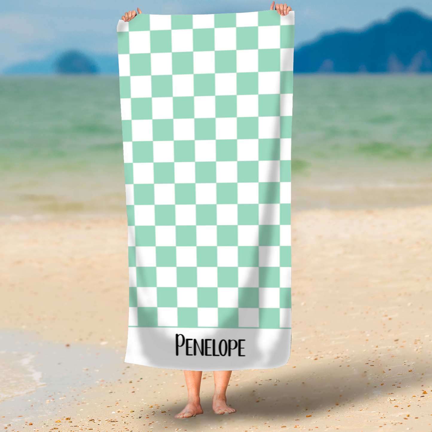 Aqua Checkerboard Personalised Beach Towel