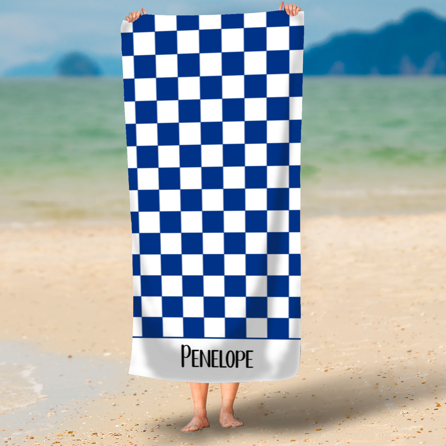 Blue Checkerboard Personalised Beach Towel