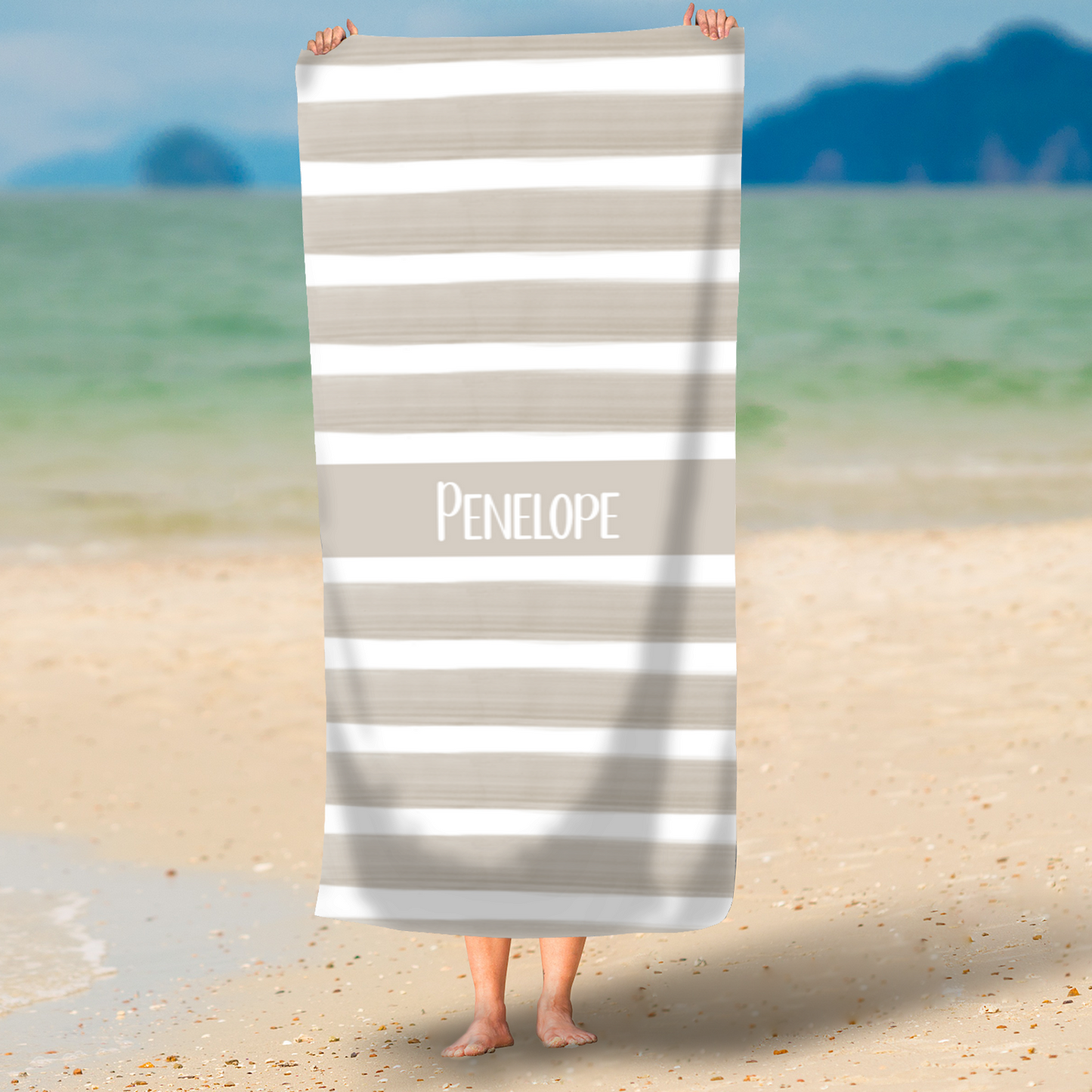 Taupe Watercolour Block Stripe Personalised Beach Towel