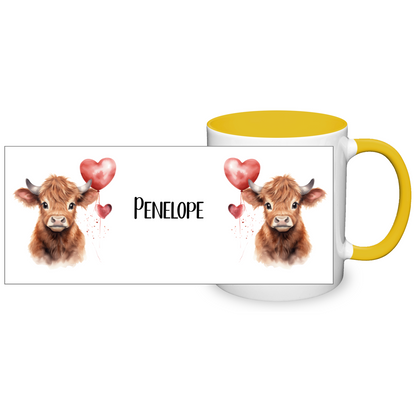 Personalised Heart Highland Cow 11oz Mug