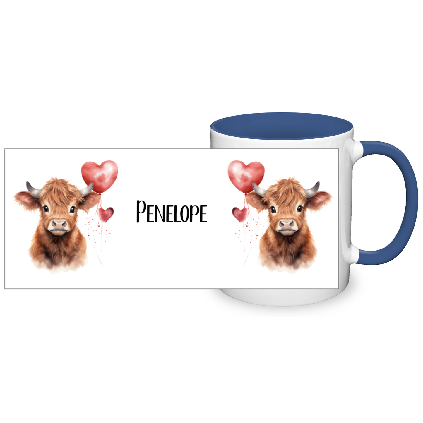 Personalised Heart Highland Cow 11oz Mug