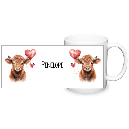 Personalised Heart Highland Cow 11oz Mug