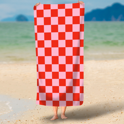 Pink and Red Check Printed Beach Towel